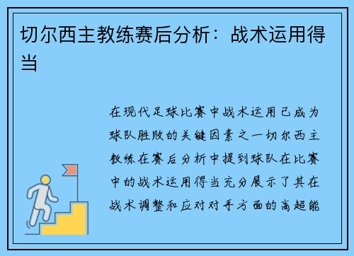 切尔西主教练赛后分析：战术运用得当