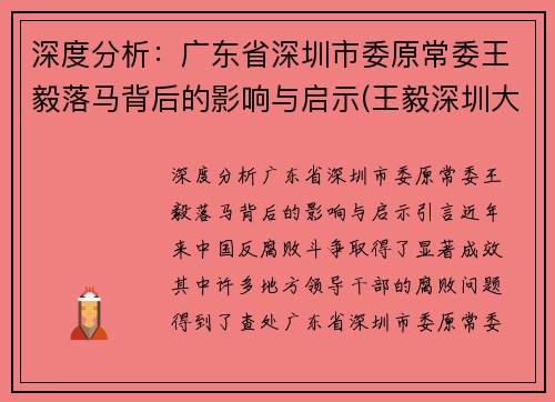 深度分析：广东省深圳市委原常委王毅落马背后的影响与启示(王毅深圳大学)